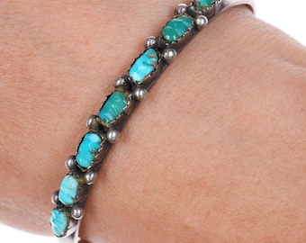 6.3&quot; 50&#39;s-60&#39;s Zuni carved turquoise row cuff bracelet sterling silver