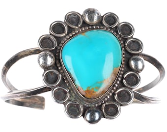 6.5" Vintage Navajo sterling silver large turquoise stone cuff bracelet
