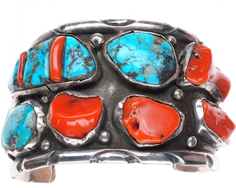 7.75" vintage Navajo Morenci turquoise Mediterranean coral large cuff bracelet