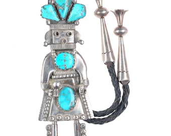c1960 c-31 vintage Navajo sterling silver turquoise Kachina bolo tie fancy tips