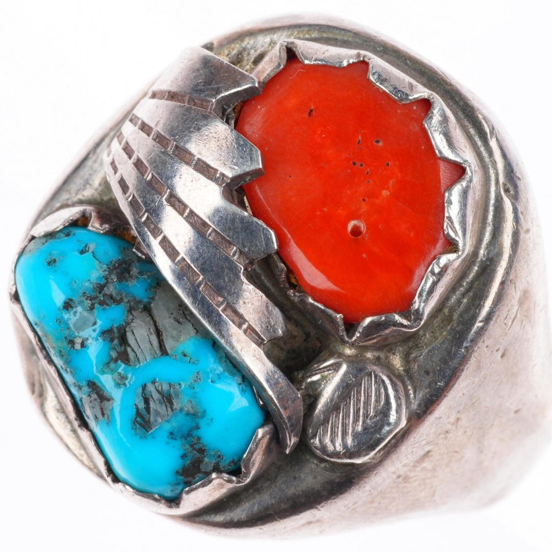 Sz11 Vintage Zuni Sterling Silver Turquoise and Coral Size 11