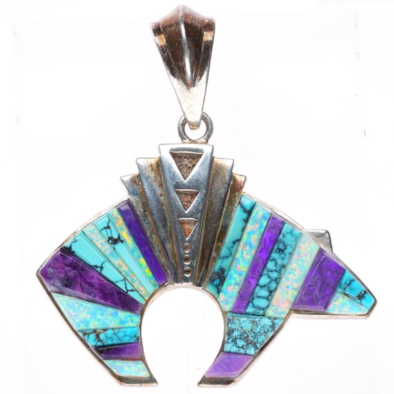 David Rosales Supersmith sterling silver sugilite/opal/turquoise bear pendant