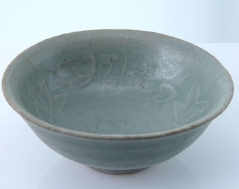 Early Celadon Stoneware  Tea Bowl with Lotus Decoration