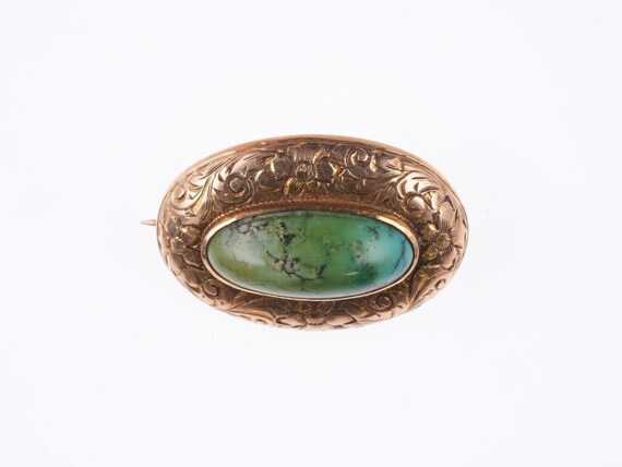 Antique Engraved 14k gold Turquoise pin - image 4