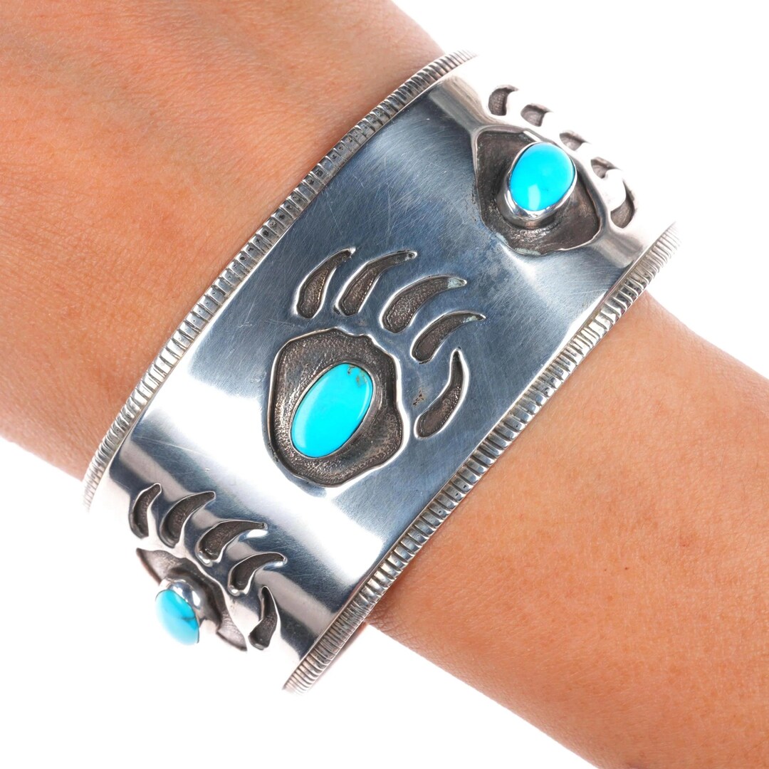 7.6" Big Vintage Navajo Overlay Bear Paw Sterling Silver Turquoise Cuff ...