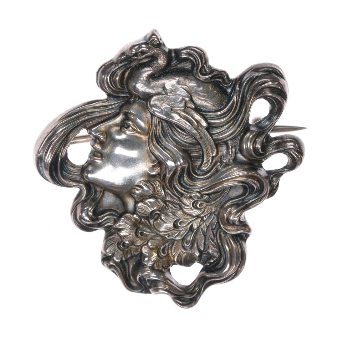Antique Art Nouveau Sterling Silver Unger Brothers Woman Pin Flowing ...