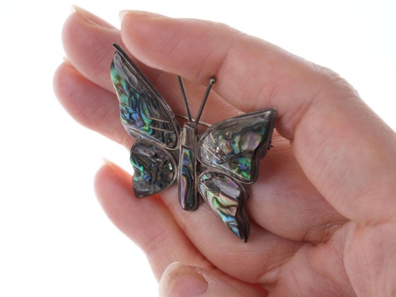 Vintage Mexican Sterling abalone butterfly pin - image 2