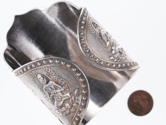 Antique Asian silver Repousse Buddha Cuff bracelet - image 4