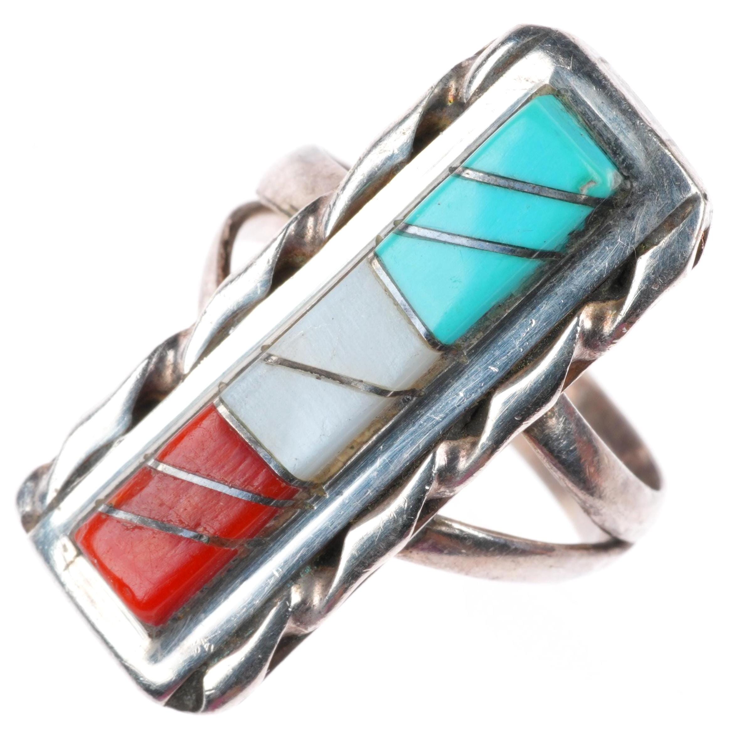 Sz8 WJ Panteah Zuni Sterling Silver Patriotic Turquoise, Coral