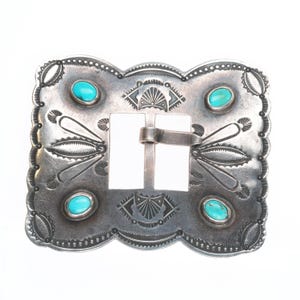 30&#39;s-40&#39;s Navajo hand stamped sterling silver turquoise concho belt buckle
