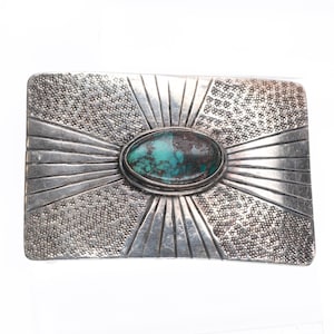 Vintage Southwestern hand stamped sterling silver belt buckle w/ nice turquoise
