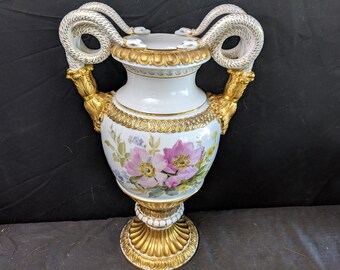 15.4" c1860 Meissen Vase serpent Handles Hand Painted, Heavy Gold