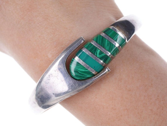 Retro Mexican sterling malachite bracelet - image 1