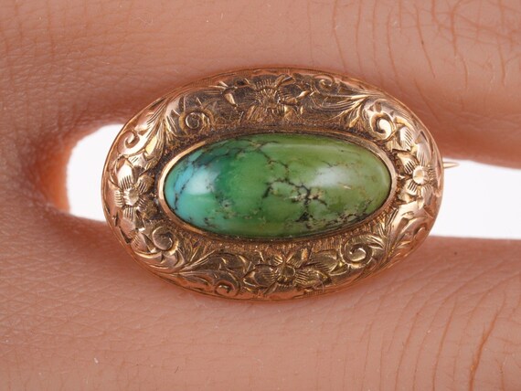 Antique Engraved 14k gold Turquoise pin - image 3