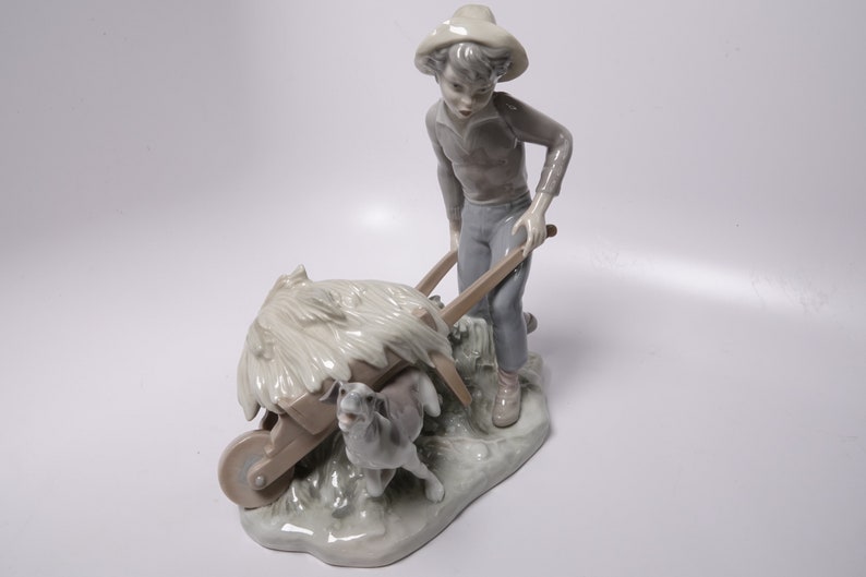 Lladro Boy with Wheelbarrow and Dog Figure 8.5