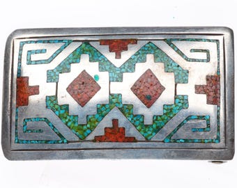 Vintage Tommy Singer Navajo chip inlay sterling silver buckle for 1.5" belt