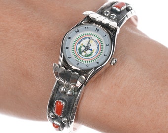 Brazalete de reloj Navajo Sterling y coral vintage de 6,75"