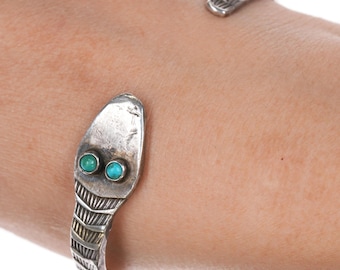 7.12" 20's-30's Navajo Ingot silver heavy stamped snake cuff bracelet turquoise