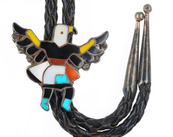 c1950 vintage Zuni sterling silver turquoise/coral inlay knifewing bolo tie