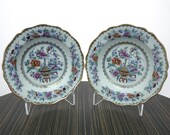 c1910 Royal Doulton Bottle Japan Chinoisiere Imari British Imari Rim Soup Bowls (2) with Polychrome Decoration Peach Lustre Accents