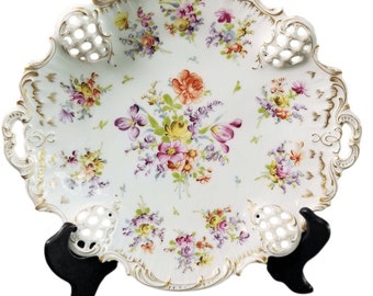 Dresden Pierced Floral Cake Plate Hand Painted Rosenthal 11 5/8" wide x 1.75" de