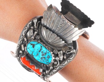 Turquoise Coral Navajo Sterling Silver Watch Band Cuff  display picture 3