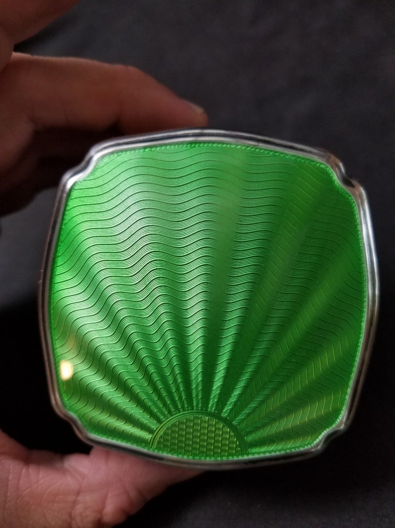 Art Deco Green Guilloche Enamel on Sterling Cut Glass Vanity Etsy