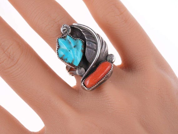 Native American Important!! Vintage Cochiti Nel Eustice Turquoise Sterling Silver Coral Ring Old Native American Important!! Vintage Cochiti Nel Eustice Turquoise Sterling Silver Coral Ring Old