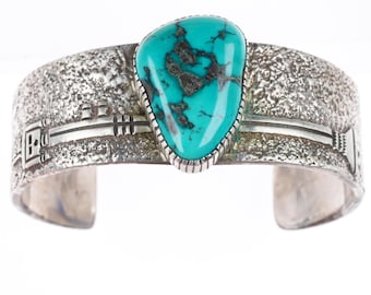 6.3" Henry Mariano Navajo sterling silver Yei cuff bracelet with nice turquoise