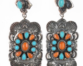 Navajo Darryl Becenti (1957-2020) Large spiny oyster and sleeping beauty turquoise cluster sterling earrings