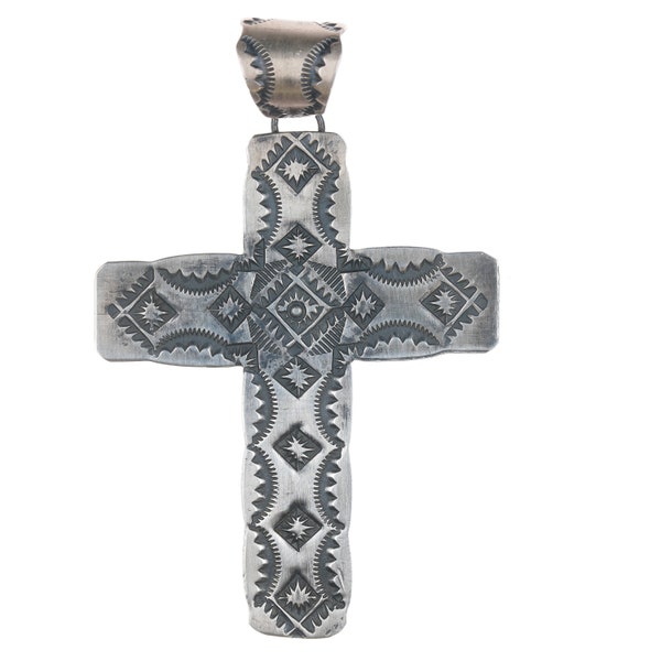 Vincent J Platero Navajo for Rocki Gorman Hand stamped sterling cross pendant