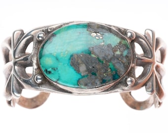 6.7" c1950 vintage Navajo sterling silver cast cuff bracelet with nice turquoise