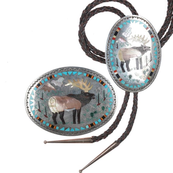 Huge Deer Vintage Native American Zuni Inlay Sterling Silver Bolo Tie Old Huge Deer Vintage Native American Zuni Inlay Sterling Silver Bolo Tie Old