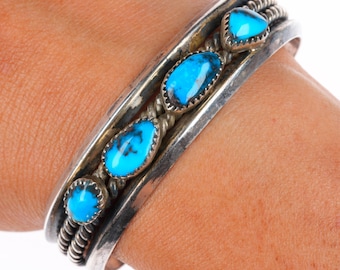 Pulsera tipo brazalete de plata de ley con 4 piedras de turquesa Bisbee estilo Navajo vintage de 6,4 pulgadas.