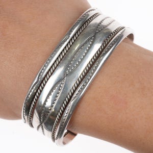 6.5&quot; Tahe Navajo sterling silver stamped twisted wire wide band cuff bracelet
