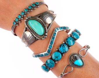 Lote de brazaletes vintage de plata esterlina estilo suroeste/Navajo de 6"-6.5" con turquesa