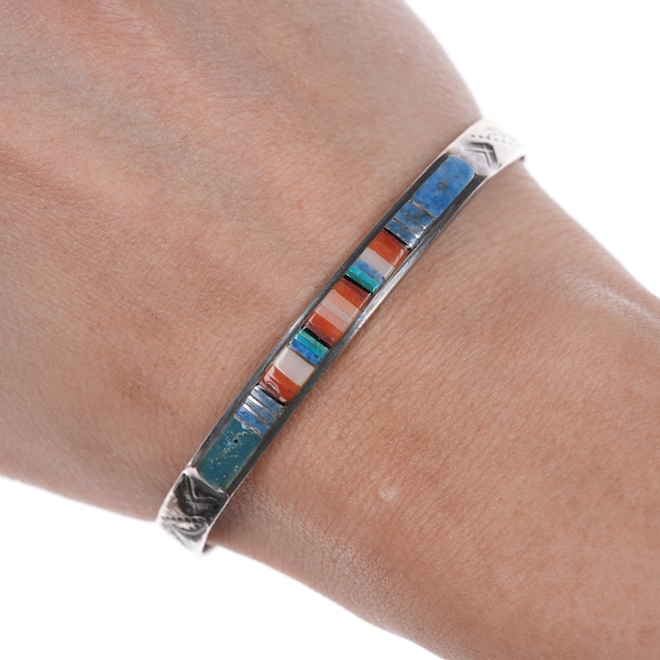 6 5/8" Vintage Zuni Silver Channel inlay cuff bracelet with stamped design