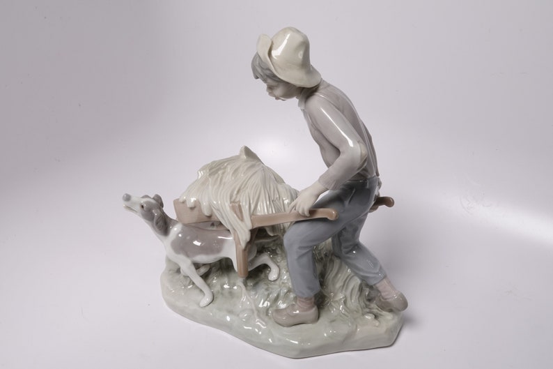 Lladro Boy with Wheelbarrow and Dog Figure 8.5