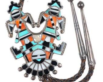 c1940's Roger Cellicion Zuni Sun Father & his Twin Sons sterling silver bolo tie