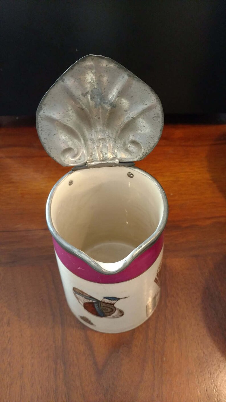 Victorian Pewter Lidded Ceramic Syrup Pitcher Hand Decorated over Transferware c.1870/'s