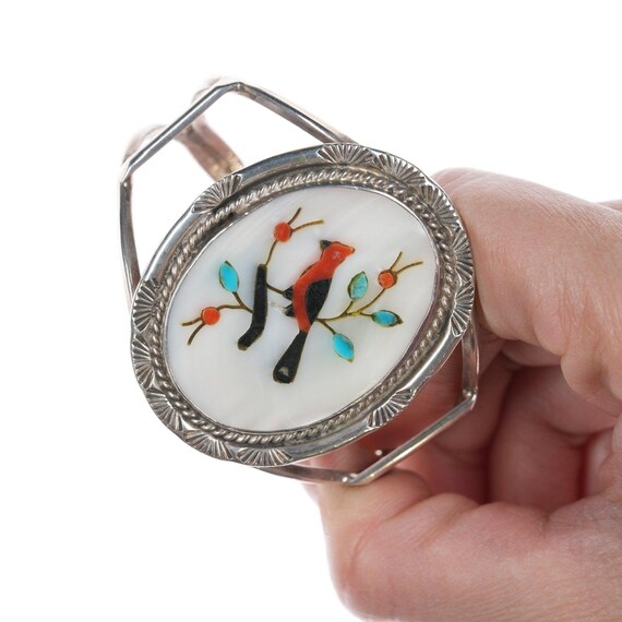 6.25" Vintage Zuni Cardinal Inlay sterling bracel… - image 2