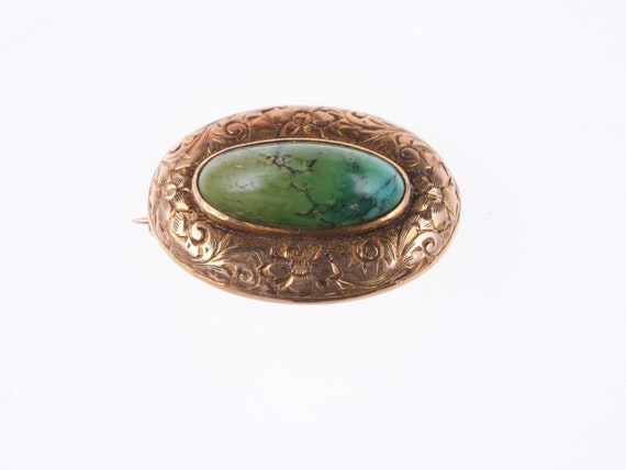 Antique Engraved 14k gold Turquoise pin - image 5