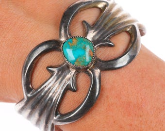 Pulsera tipo brazalete vintage Navajo de plata de ley fundida con turquesa de alta calidad de 6,5 pulgadas.