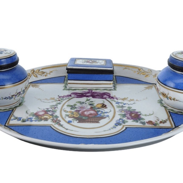 Antique Sevres Style French Porcelain Inkwells/tray/Match box