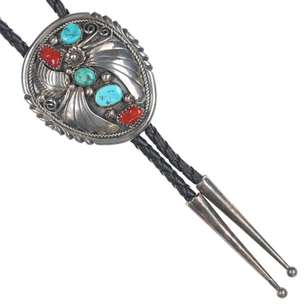Vintage Navajo silver, turquoise and coral bolo tie with leaf design