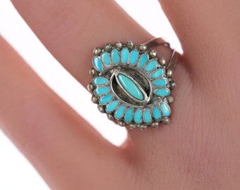 sz8 B Zuni Dishta Style silver turquoise flush inlay ring
