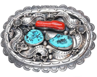 Vintage Johnson Navajo sterling silver coral & turquoise buckle for 1.5" belt