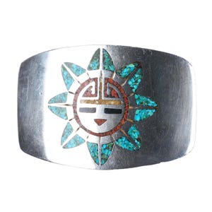 1970&#39;s Navajo Vintage Sterling silver chip inlay sunface belt buckle turquoise