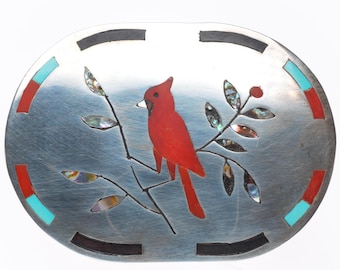 Derrick & Nichelle Edaakie Zuni sterling silver Redbird belt buckle - 1.5" belt