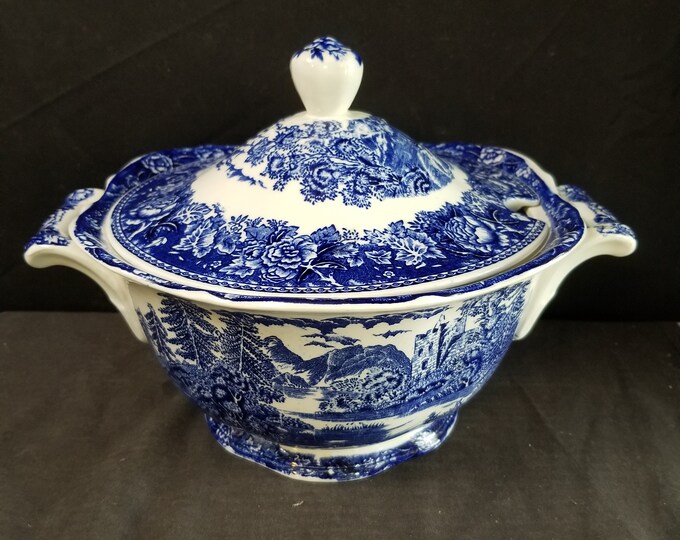 Arabia Blue Landscape Tureen Transferware. 11.75 Wide With Handles X 8